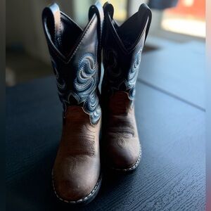 Kids Brown Leather Cowboy Boots with Blue Embroidered Shaft
